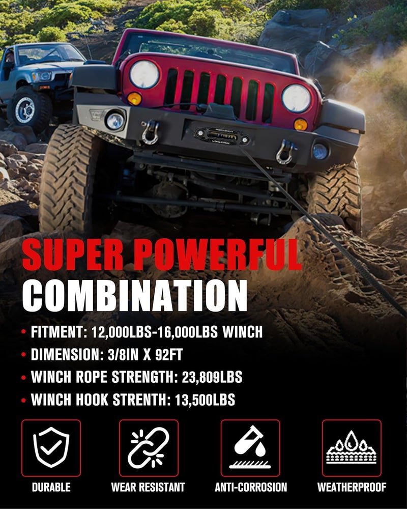 FIERYRED 3/8inch 92FT 23809 LBS Synthetic Winch Rope Cable Kit with Forged Hook and Strap, Winch Line Replacement for 12000-16000LBS Winch 4WD Off-Road Vehicle Jeep Truck SUV - Image 5
